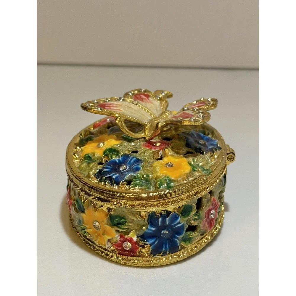 Butterfly & Flowers Trinket Box Gold Jewely Small Magnetic Closure